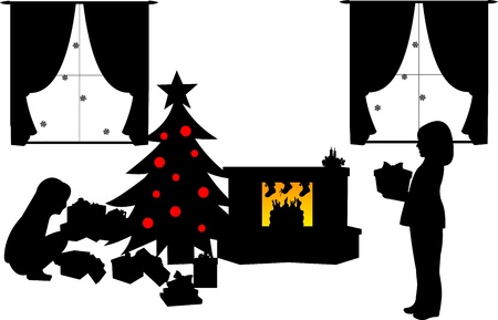 Kids opening presents under the Christmas tree in living room in winter silhouetteのイラスト素材