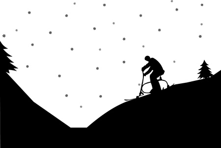 Silhouette of man on ski bike in winter in mountain, one in the series of similar images のイラスト素材