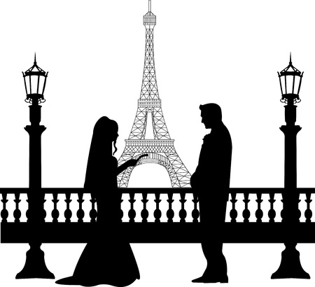 Wedding couple in front of Eiffel tower in Paris silhouette, one in the series of similar imagesのイラスト素材