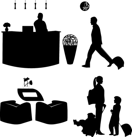 Family on travel and the receptionist at the hotel silhouette, one in the series of similar imagesのイラスト素材