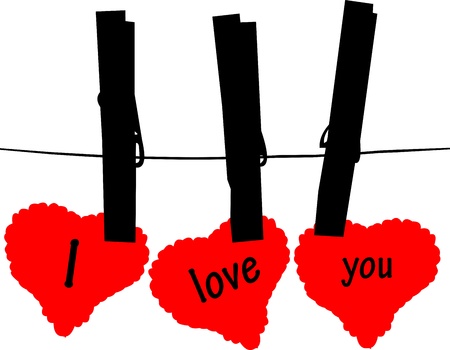 Valentine s day cards hanging from on a rope with clothespins, one in the series of similar images silhouettes のイラスト素材