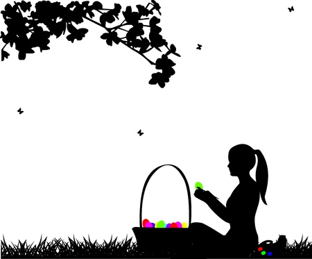 Girl coloring Easter eggs sitting in park in spring silhouetteのイラスト素材