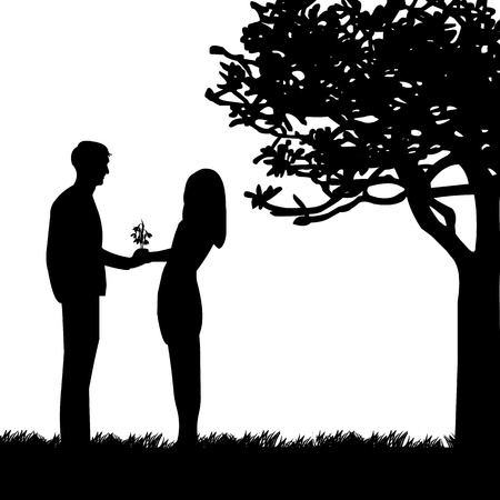 Man gives a woman flowers, bouquet snowdrops in park のイラスト素材