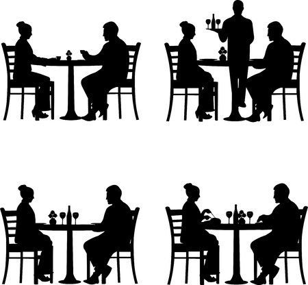 Business lunch in the restaurant between business partners in different situations silhouetteのイラスト素材