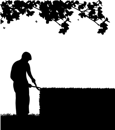  Gardener trimming a bush or tree or hedges with big shears silhouetteのイラスト素材