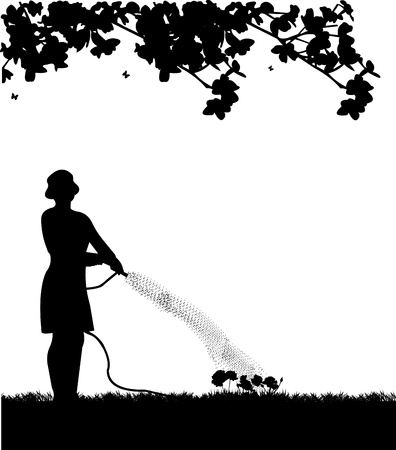 Woman gardener watering flowers, roses with hose in spring silhouetteのイラスト素材