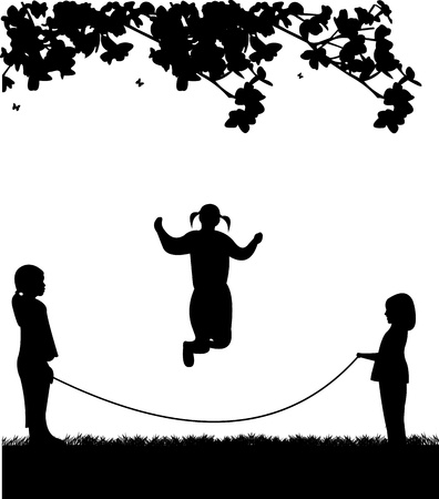 A little girls playing skipping rope in park in spring silhouette, one in the series of similar imagesのイラスト素材