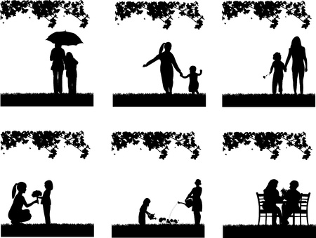 Mother s day celebration between mother and daughter in park, beautiful concept wallpaper for happy mother s day celebration, one in the series of similar images silhouette のイラスト素材