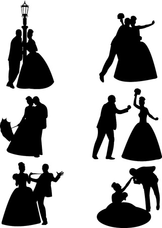 Wedding couples, groom and a bride in a different unusual poses silhouette, one in the series of similar images のイラスト素材