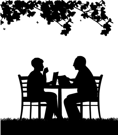  Lovely retired elderly couple reading a  newspaper in garden under the tree, one in the series of similar images silhouetteのイラスト素材