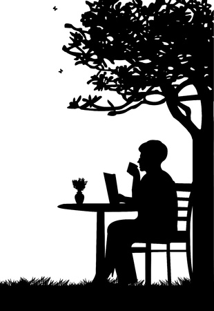 Lovely retired elderly woman drinking cup of coffee and reading newspaper under the tree in garden or yard silhouetteのイラスト素材
