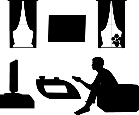 Man watching tv in living room, one in the series of similar images silhouetteのイラスト素材