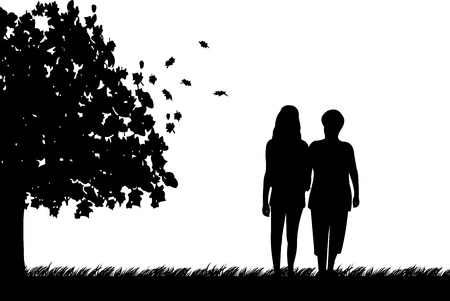 Mother and daughter walking in park in autumn or fall, one in the series of similar images silhouetteのイラスト素材