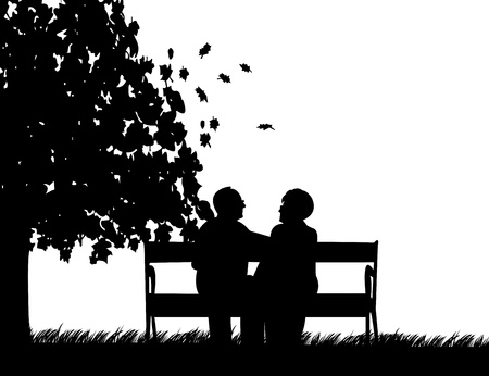 Lovely retired elderly couple sitting on bench in park in autumn or fall, one in the series of similar images silhouetteのイラスト素材