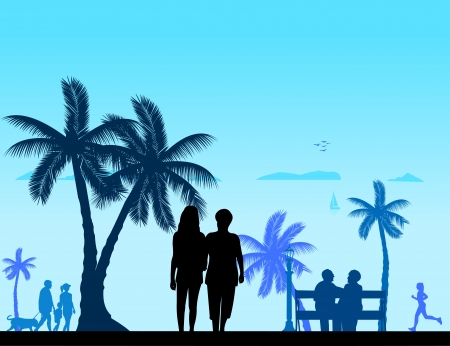 People on the beach and different activities on beach scene silhouette layered, one in the series of similar imagesのイラスト素材