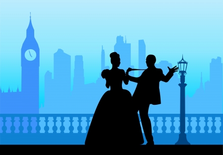 Wedding couple in front of Big Ben in London silhouette scene, one in the series of similar images layeredのイラスト素材