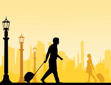 A businesswoman and businessman traveling on business trip silhouette layeredのイラスト素材