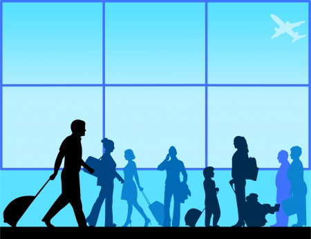 Passengers with luggage in airport lounge silhouette scene layeredのイラスト素材