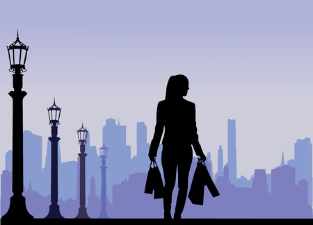 Girl in shopping silhouette, scene layeredのイラスト素材