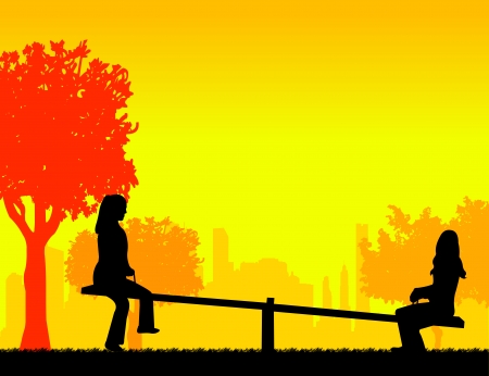 Girls in the park on a seesaw silhouette layeredのイラスト素材
