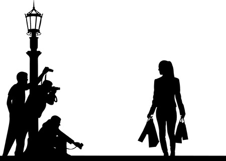 Celebrity and paparazzi hidden take pictures on the street silhouette のイラスト素材