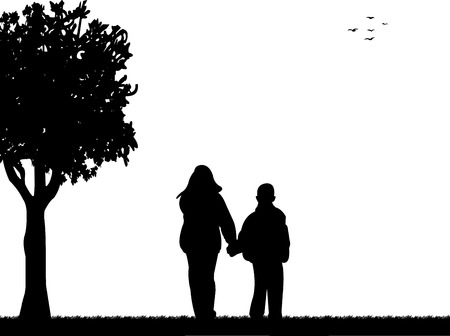 Kids going to school with backpack, sister leads brother to school through the park silhouette layeredのイラスト素材