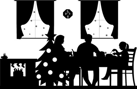 Lovely family enjoying the Christmas holidays and New Year, one in the series of similar images silhouette layeredのイラスト素材