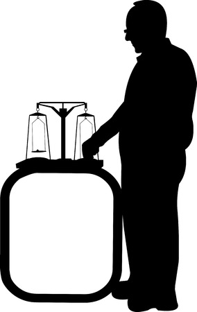 Physicist performs an experiment or presentation with pharmacy scales silhouette, one in the series of similar imagesのイラスト素材