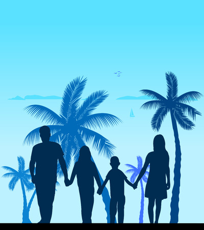 Family walking on beach between the palms silhouette layeredのイラスト素材