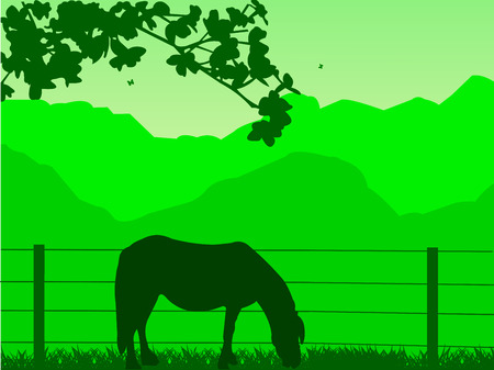  Horse on grassland in spring on mountain silhouette  Layered vector illustrationのイラスト素材