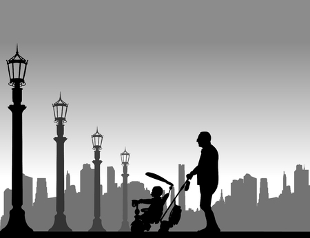 Grandfather walking with his grandson on a tricycle in the street,  one in the series of similar images silhouetteのイラスト素材