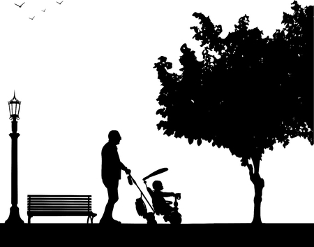 Grandfather walking with his grandson on a tricycle in the park, one in the series of similar images silhouetteのイラスト素材