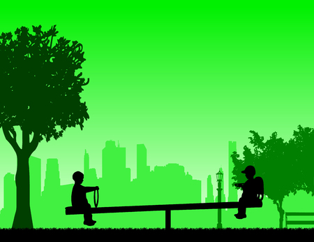 The boys are bouncing on the children's playground on the teeter,one in the series of similar images silhouetteのイラスト素材