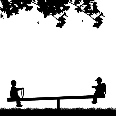 The boys are bouncing on the children's playground on the teeter,one in the series of similar images silhouetteのイラスト素材