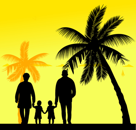 Grandmother and grandfather walking with grandchildren on the beach, one in the series of similar imagesのイラスト素材