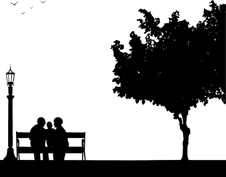Grandmother and grandfather siting with grandchild in park, one in the series of similar images silhouetteのイラスト素材