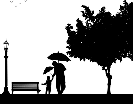 Father walking under the umbrellas with his child in park, one in the series of similar images silhouetteのイラスト素材