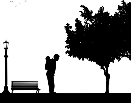 Father carrying a child piggyback in the park, one in the series of similar images silhouetteのイラスト素材