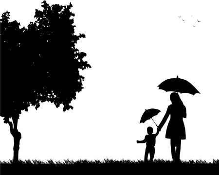 Mother walking under the umbrellas with her child in park, one in the series of similar images silhouetteのイラスト素材