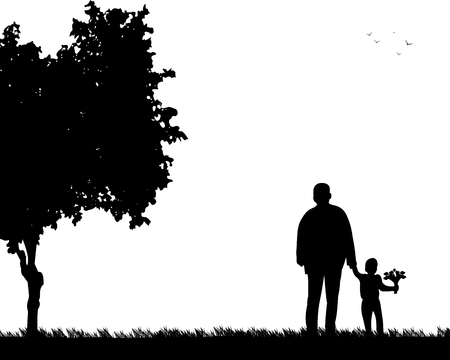 Grandpa walks with a grandson of flowers in the park, one in the series of similar images silhouetteのイラスト素材
