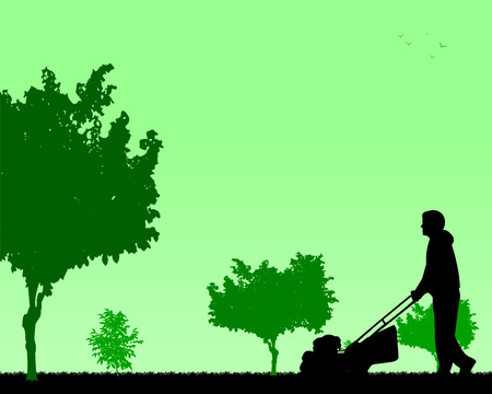 Young man cut the lawn or mow the grass in garden. vector illustration image silhouette.のイラスト素材