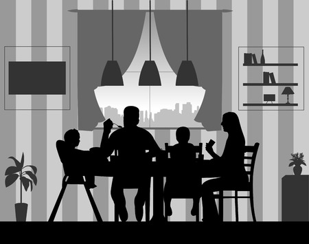 Silhouette of a home scene where a family enjoy their lunch or dinner, vector illustration image silhouette.のイラスト素材