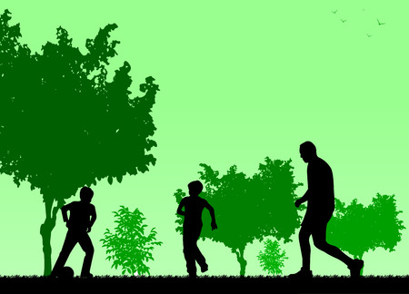 Daddy and sons playing football in park, vector illustration image silhouette.のイラスト素材