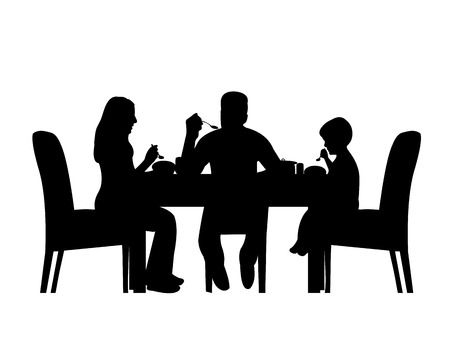 Silhouette of a home scene were a family enjoy their lunch or dinner, one in the series of similar imagesのイラスト素材