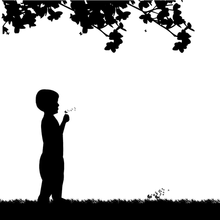 Boy blowing the dandelion in park under the tree silhouette, one in the series of similar images.のイラスト素材