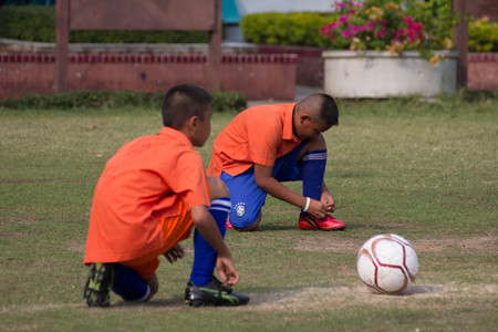 Activity of primary football competition. 10-12 year old students participated in the competition and fun.のeditorial素材