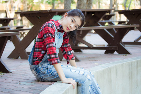 asia thai teenager Women Scotch T-Shirt relax and smileの写真素材