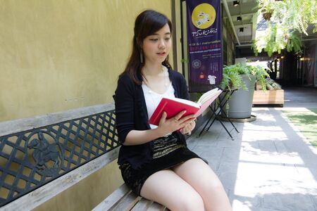 Portrait of thai adult women office beautiful girl reading bookの写真素材
