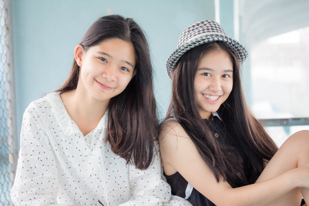 two asia thai teen Best friends girls smile and funnyの写真素材