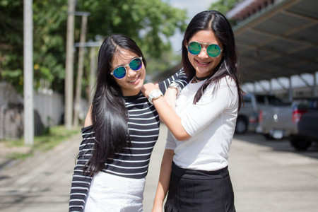 two asia thai teen Best friends girls smile and funnyの写真素材